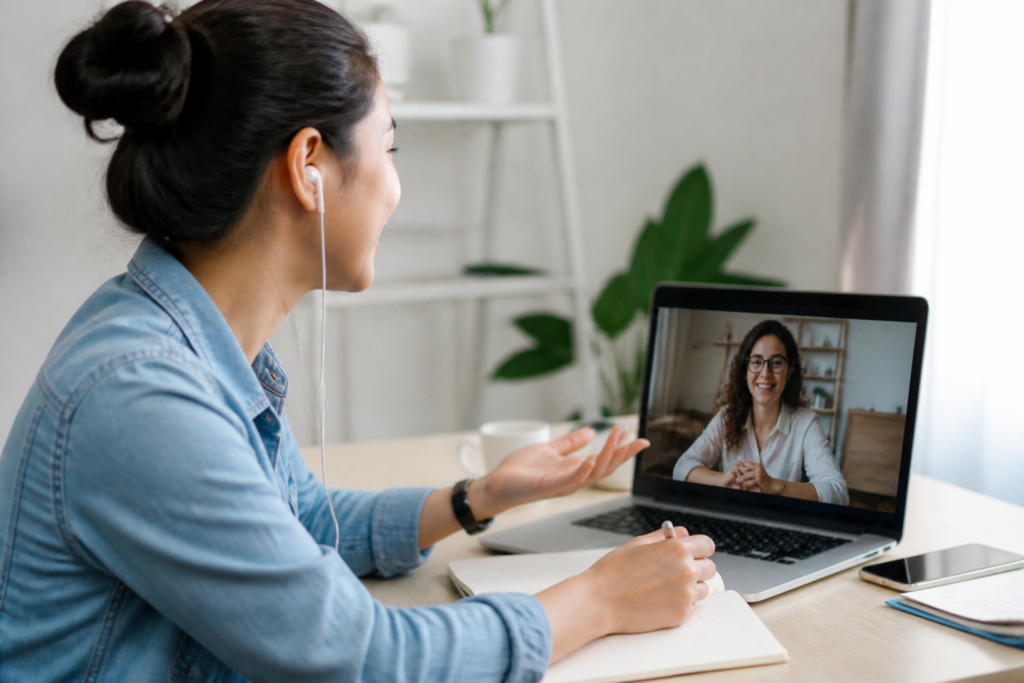Psicologia intercultural online — terapeuta em videoconferência com paciente, ambos em ambientes culturais distintos