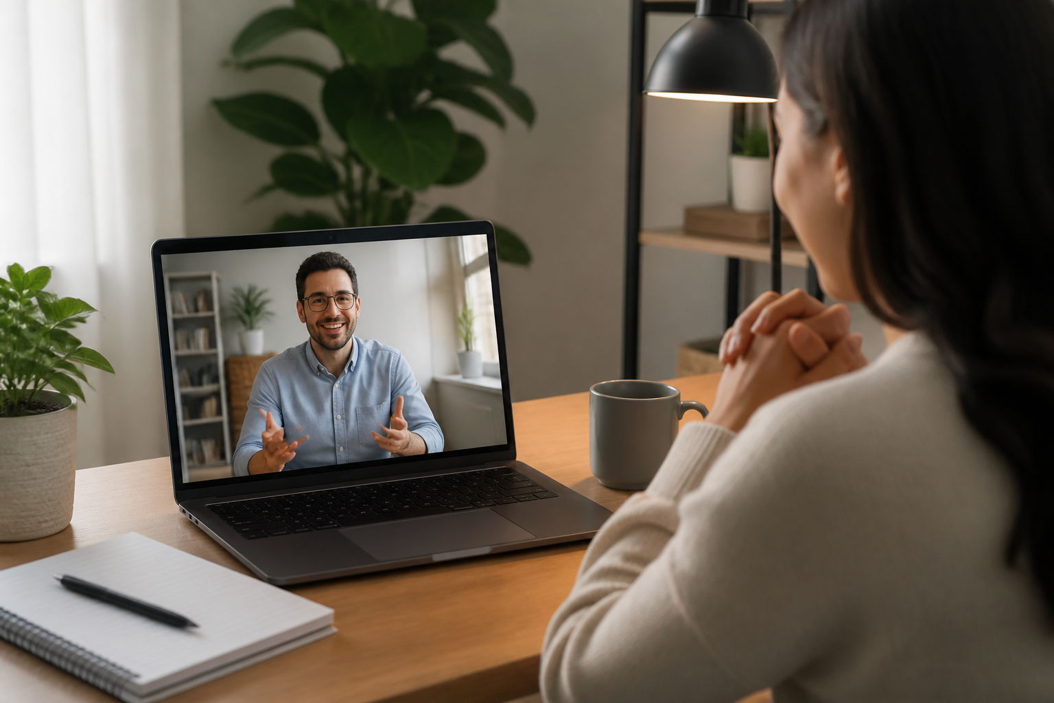 psicologia intercultural online — psicólogo e paciente sorrindo durante uma sessão online