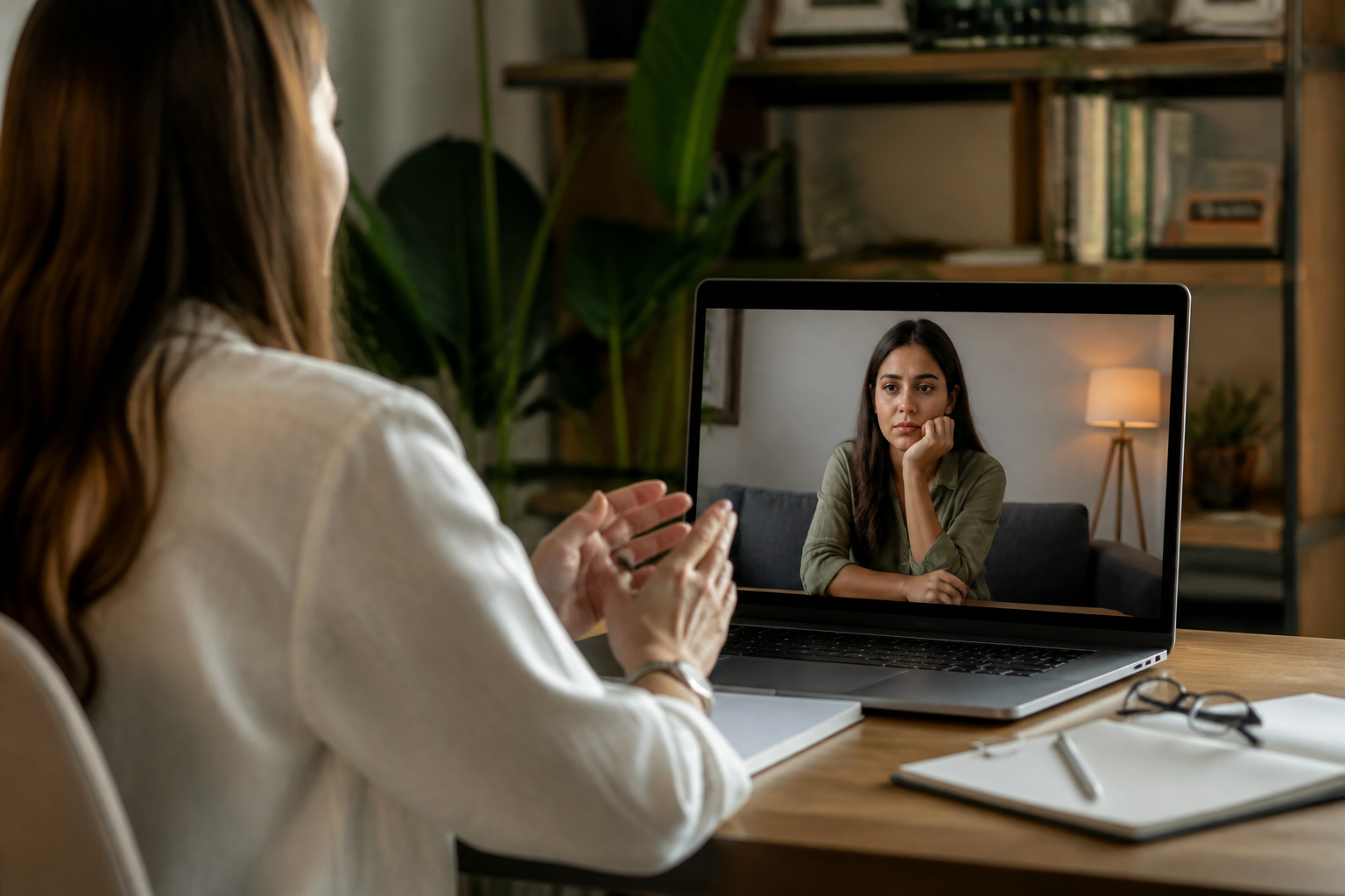 gerenciar ansiedade expatriados — Terapeuta conversando com paciente em sessão online