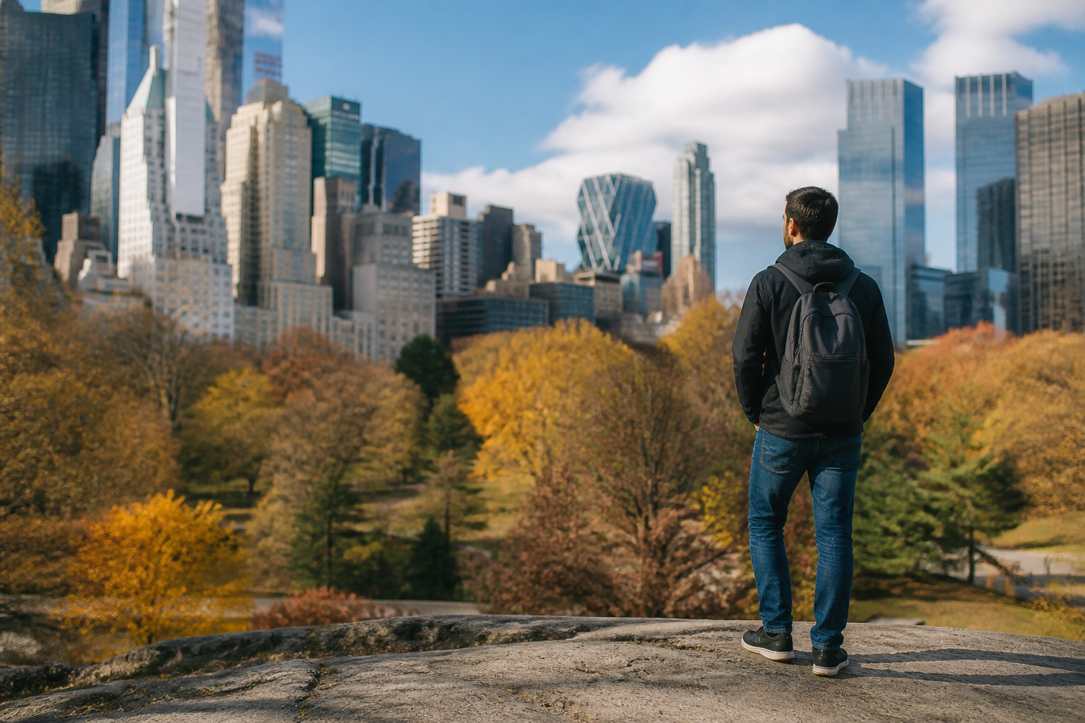 saúde mental expatriados — brasileiro contemplando a natureza em um parque em Nova York